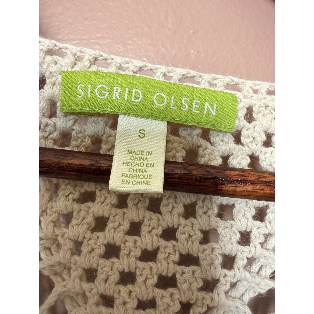 Sigrid Olsen Small Cream Crochet Cardigan Top Cap Sleeve Ramie Cotton Boho - Picture 4 of 11